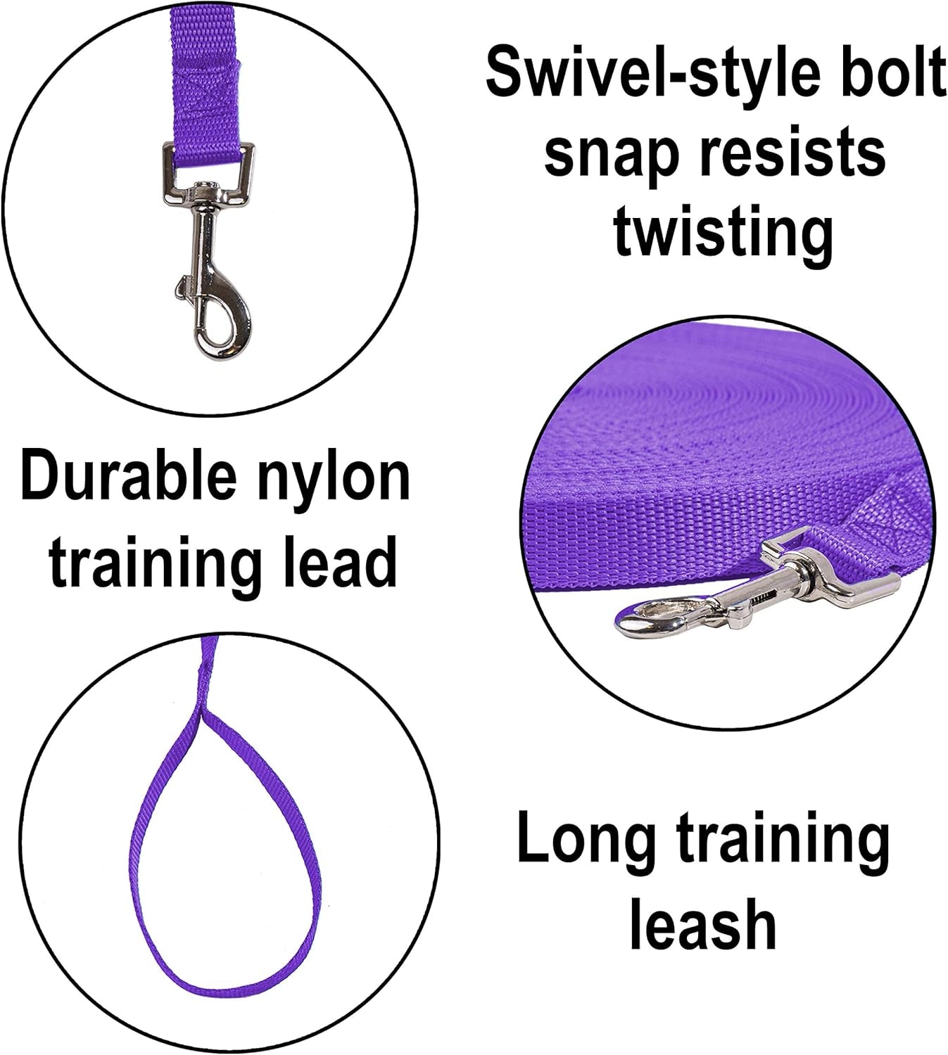 Dog/Puppy Obedience Recall Training Agility Lead - 15Ft 20Ft 30Ft 50Ft 100Ft Training Leash - Great for Training, Play, Camping, or Backyard (15 Feet, Purple)